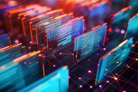 Rappresentazione astratta e tecnologica di dati digitali: una serie di pannelli verticali traslucidi, contenenti codice luminoso, disposta su una rete di nodi interconnessi